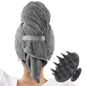 SET: Siva sušilna brisača za lase, XXL velikosti + silikonska ščetka za masažo lasišča (črna)