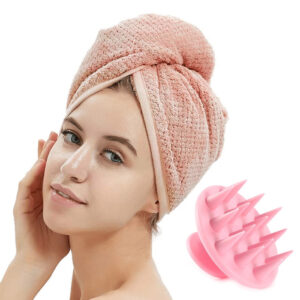 SET: Vpojna brisača za hitrejše sušenje las + silikonska ščetka za masažo lasišča (roza)